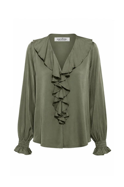 Alyssa Ruffle V-Neck Long Sleeve Top Olive