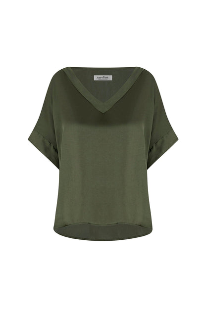 Bianca Short Sleeve Top Olive with V Neck