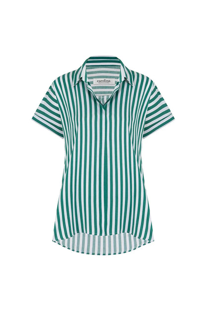 Francesca Short Sleeve Striped Collared Top Emerald and White
