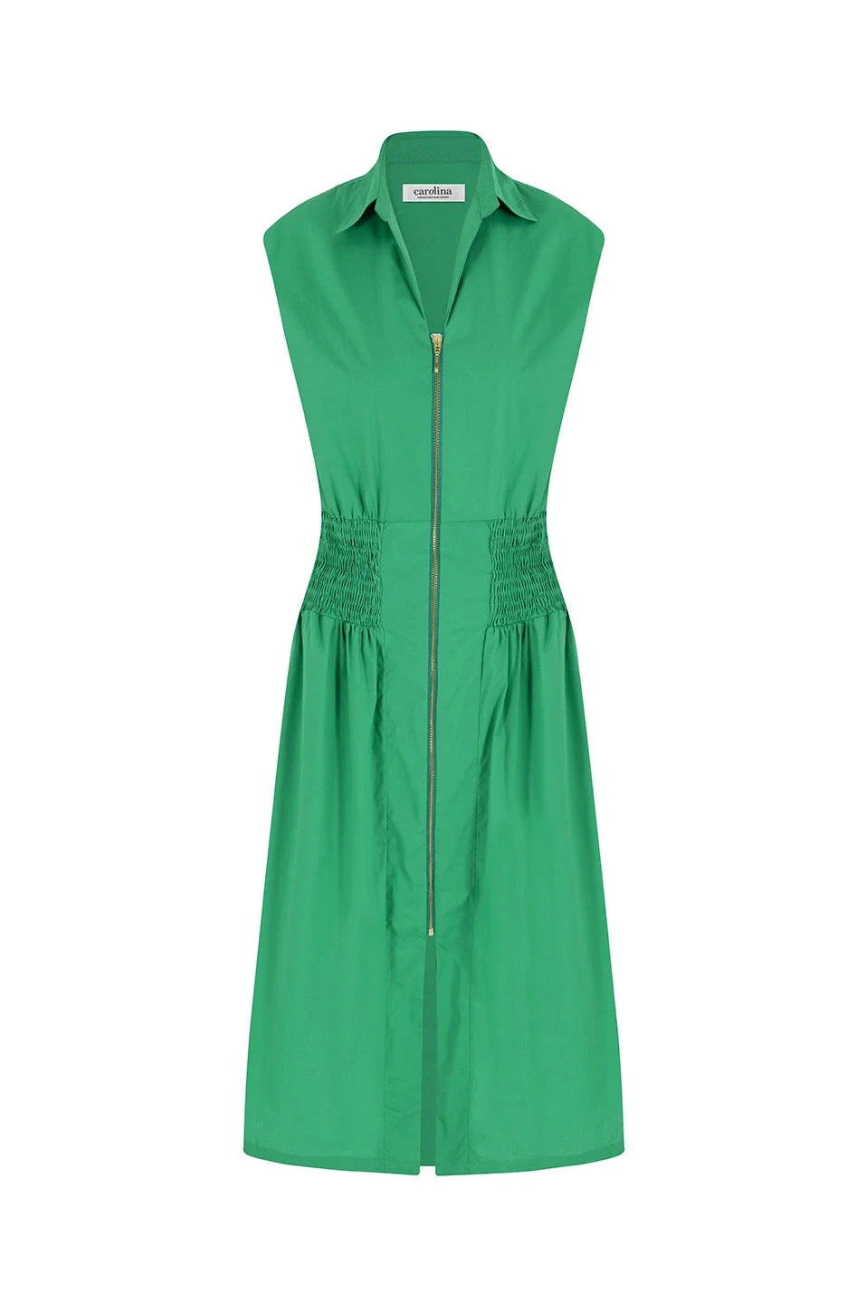 Laura Sleeveless Smocked Waist Zip Front Midi Dress Emerald