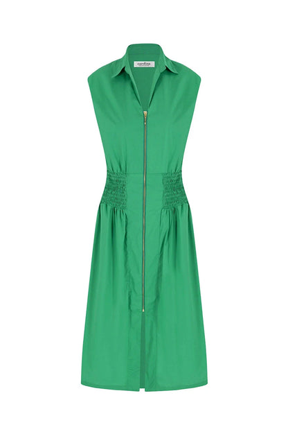 Laura Sleeveless Smocked Waist Zip Front Midi Dress Emerald