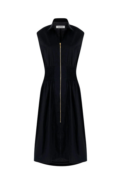Black Sleeveless Midi Dress Front Zip – Laura