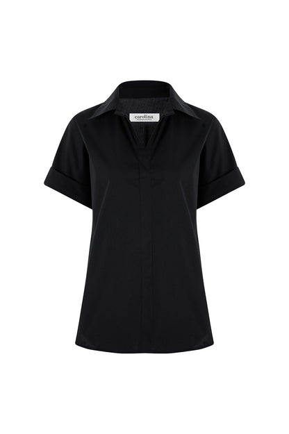 Tia Short Sleeve Cotton Top in Black