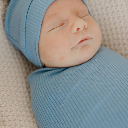 Rib Knit Top Knot Hat - Atlantic