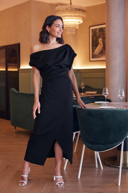 Roslyn Off Shoulder Midi Dress Black