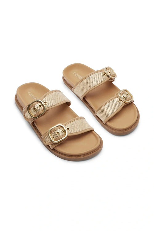 Sabrina Double Strap Slide with Gold Buckle in Tan