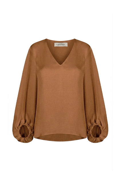 Sophia V-Neck Long Sleeve Top Burnt Caramel