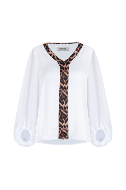 Sovana V-Neck Top White with Animal Trim