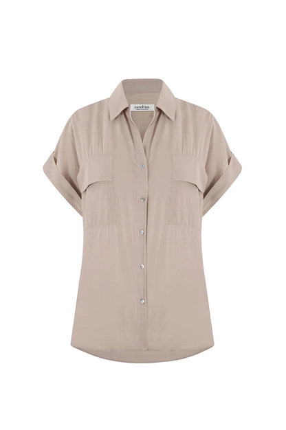 Vittoria Short Sleeve Collared V-Neck Shirt Taupe