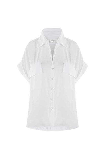 Vittoria Short Sleeve Collared V-Neck Shirt Ivory