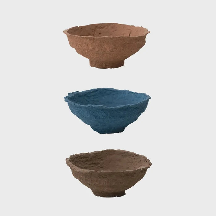 Three colorful decorative handmade paper mache bowls showcasing unique sizes and designs