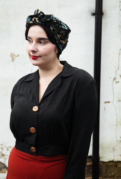 1930s Amelia Blouse - Black Pinstripe