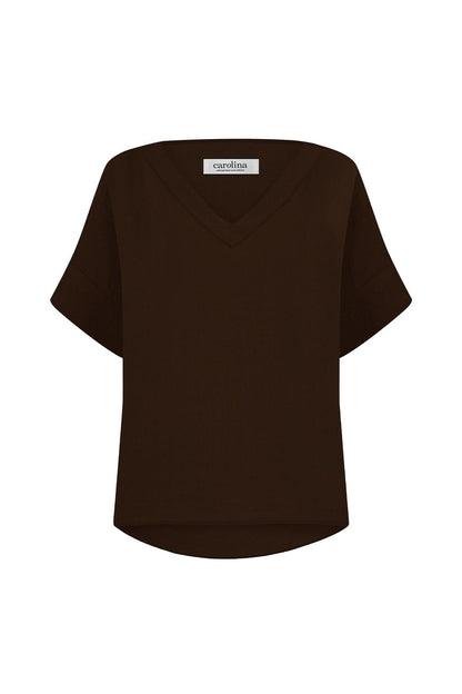 Gemma Short Sleeve V Neck Top Chocolate Brown