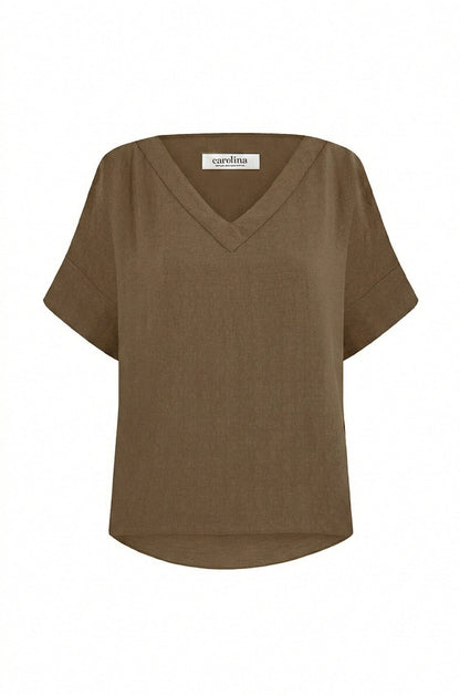 Gemma Short Sleeve V Neck Top Khaki