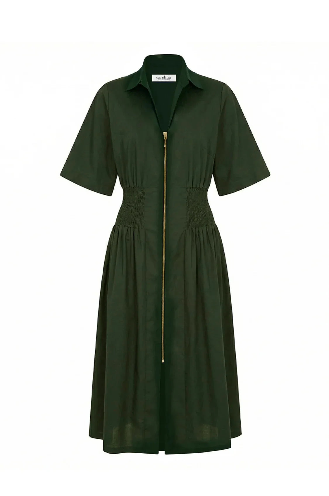 Laura Short Sleeve Smocked Waist Zip Front Midi Dress Olive
