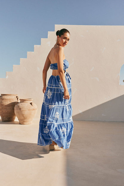 Lili Strapless Cutout Tie Maxi Dress - Postcard, Blue & White Check Flowers