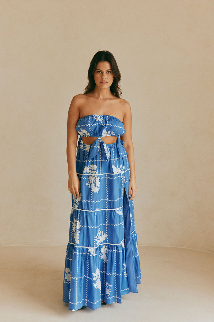 Lili Strapless Cutout Tie Maxi Dress - Postcard, Blue & White Check Flowers