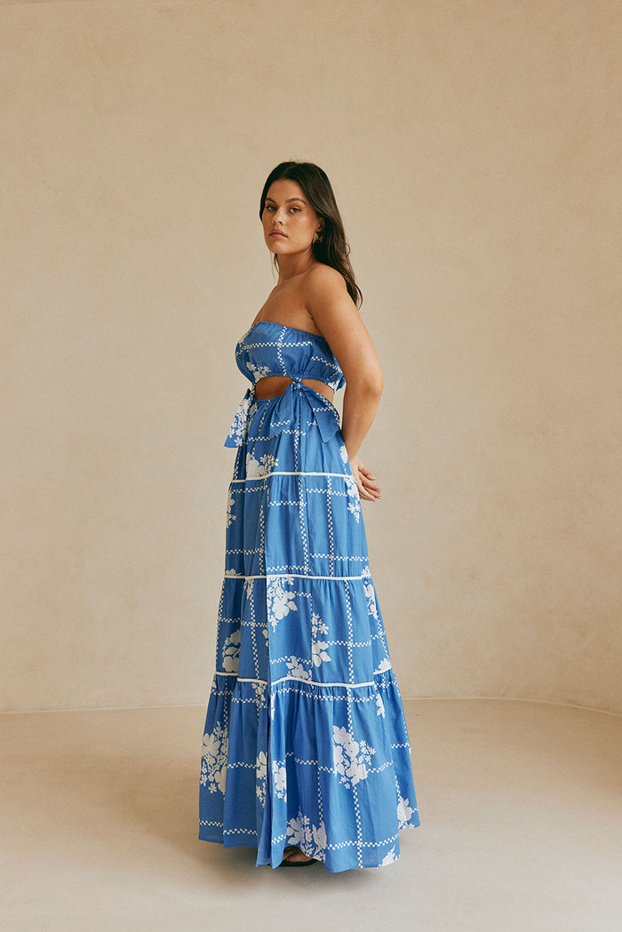 Lili Strapless Cutout Tie Maxi Dress - Postcard, Blue & White Check Flowers