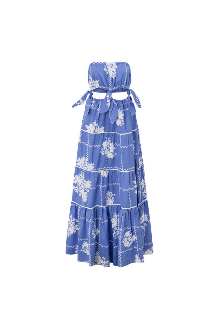 Lili Strapless Cutout Tie Maxi Dress - Postcard, Blue & White Check Flowers