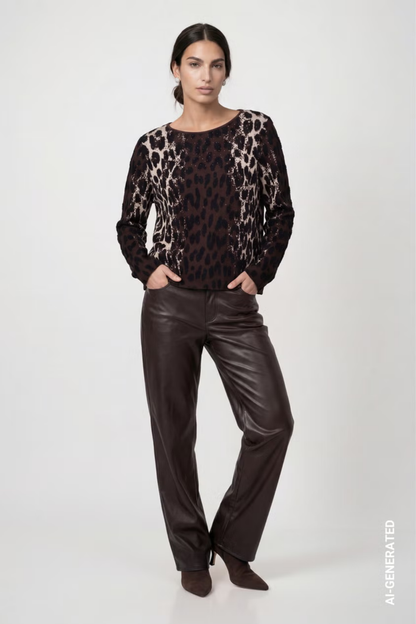 Monari 809889 Leopard Jacquard Knitted Jumper – Black Coffee. Shop Monari at Dotique