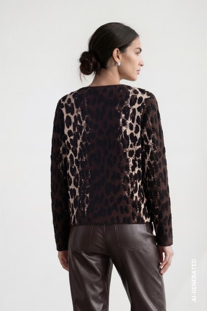 Back view of Monari 809889 Leopard Jacquard Knitted Jumper – Black Coffee. Shop Monari at Dotique.