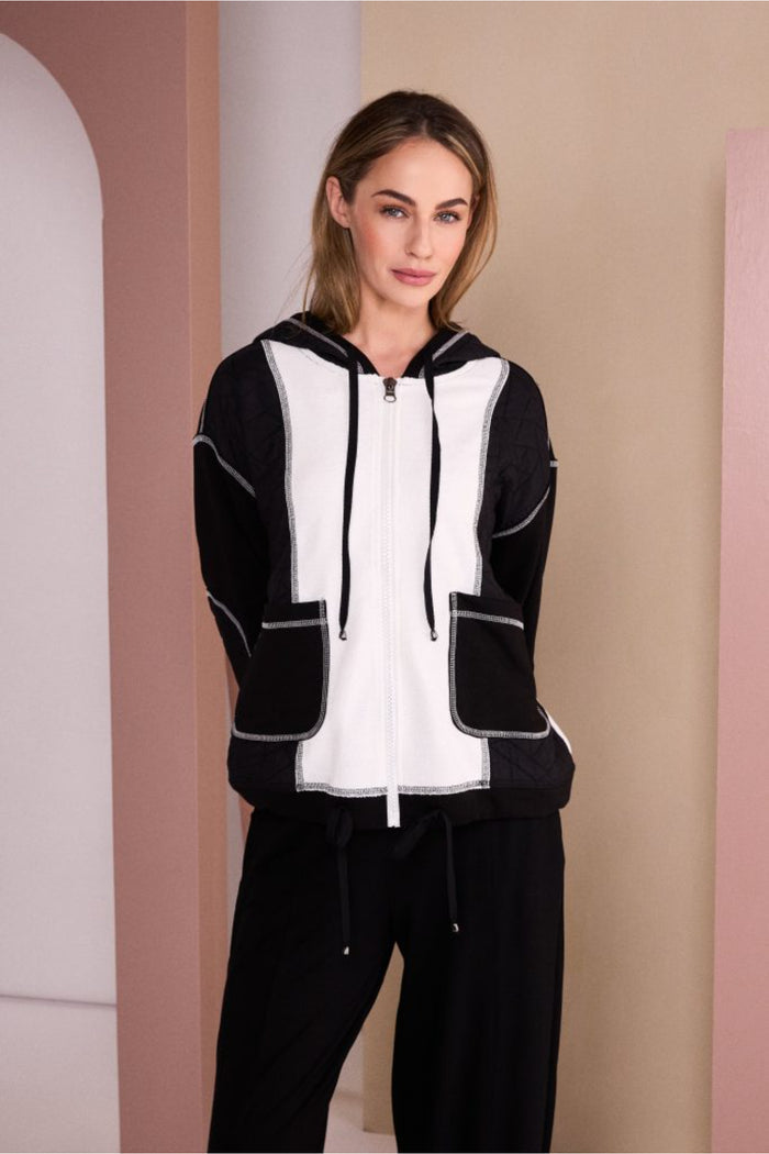 Naya NAW26168 Two Tone Black & Winter White Jacket With Coverseam Stitch Detail. Shop Naya at Dotique.