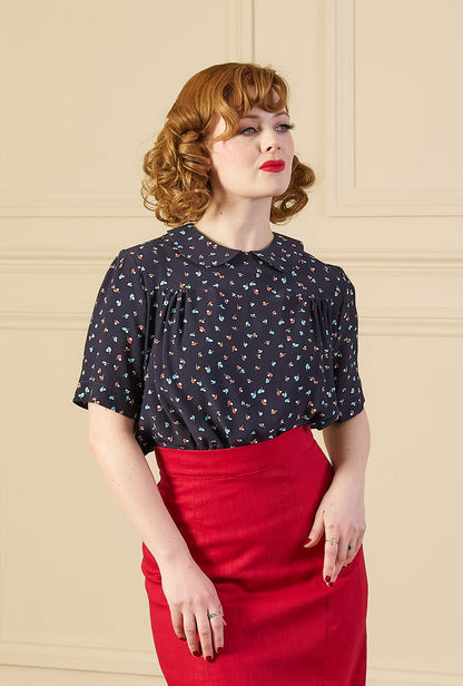 1940s Meet Again Blouse with Collar - Ocean Pearl