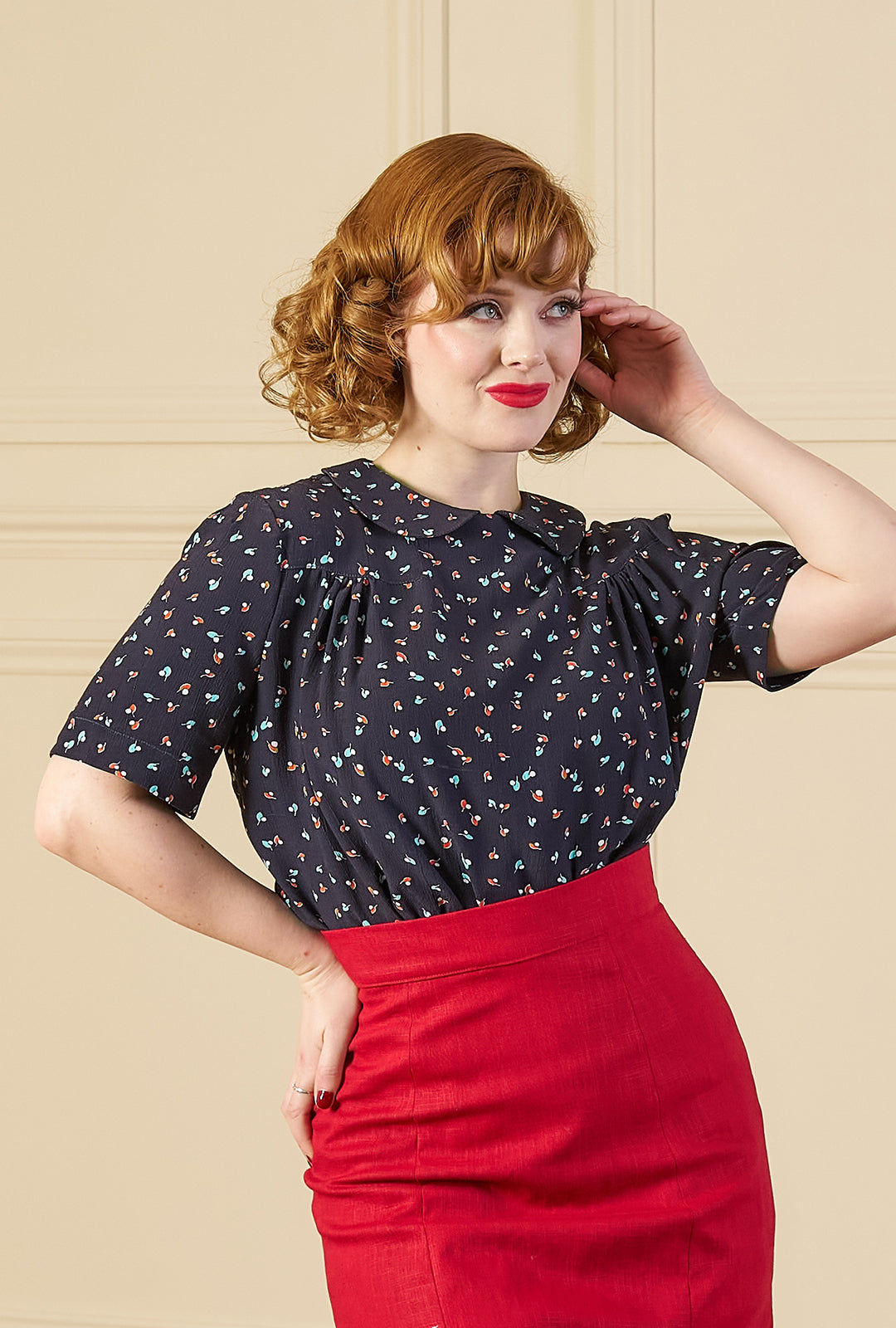 1940s Meet Again Blouse with Collar - Ocean Pearl