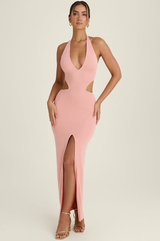 Cut-Out Halterneck Maxi Dress in Apricot Pink