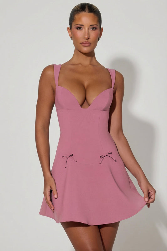 Bow-Detail A-Line Mini Dress in Dusty Pink