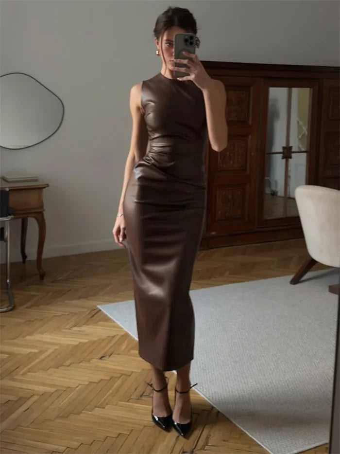 Sexy PU Maxi Dress – High Waist Bodycon Streetwear