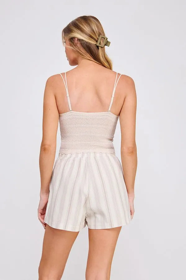 Beige striped shorts and top set with whimsical trim, part of Daisy Lane’s scallop edge bralette collection, featuring a flirty silhouette