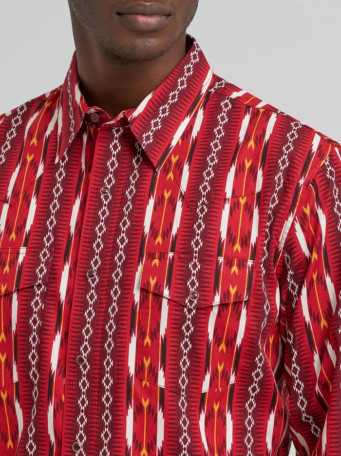 Wrangler Men's Checotah L/S Western Snap Shirt in Fire Red Arrow
