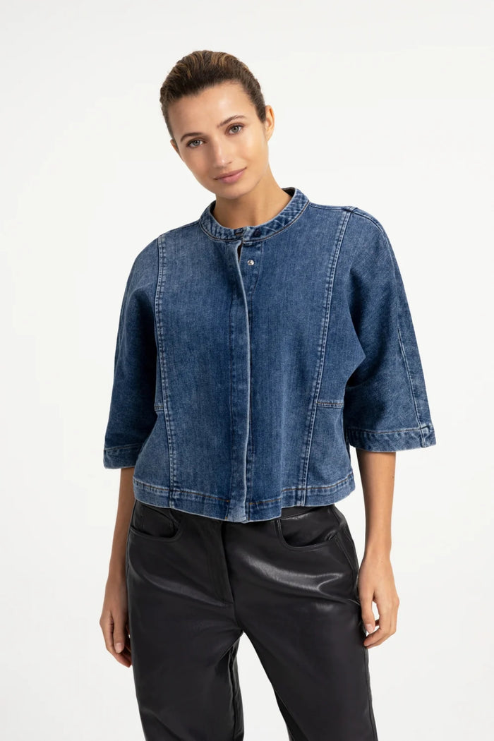 YAYA Short Sleeve Denim Blouse - Dark Blue Denim 01-201249-609 on model Shop YAYA at Dotique