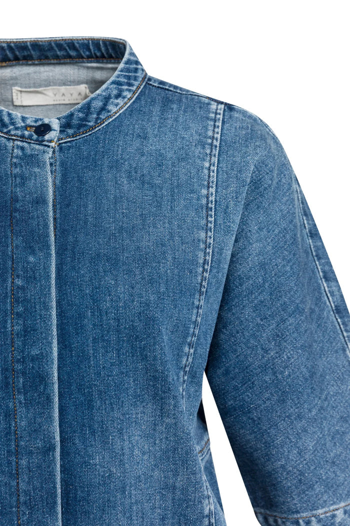 YAYA Short Sleeve Denim Blouse - Dark Blue Denim 01-201249-609 detail Shop YAYA at Dotique