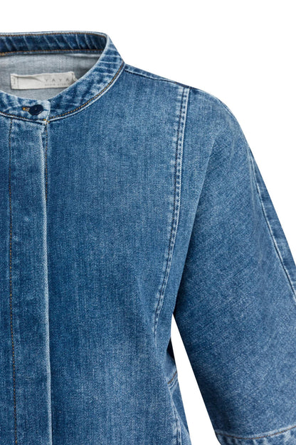 YAYA Short Sleeve Denim Blouse - Dark Blue Denim 01-201249-609 detail Shop YAYA at Dotique